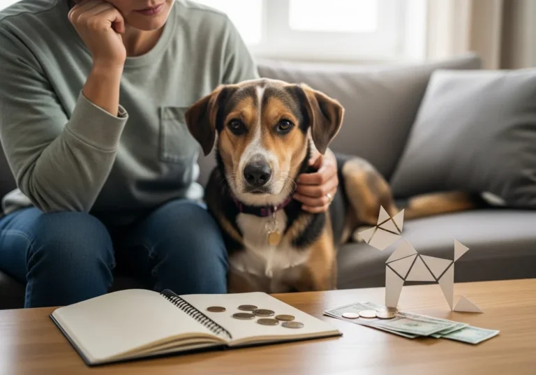 Zamyślona właścicielka z psem, oblicza koszty leczenia, obok pieniądze, notatnik i papierowy pies.