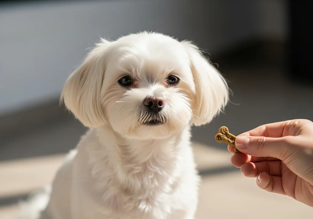 Biały maltańczyk wpatruje się w smakołyk w dłoni, gotowy na trening pozytywnego wzmocnienia.