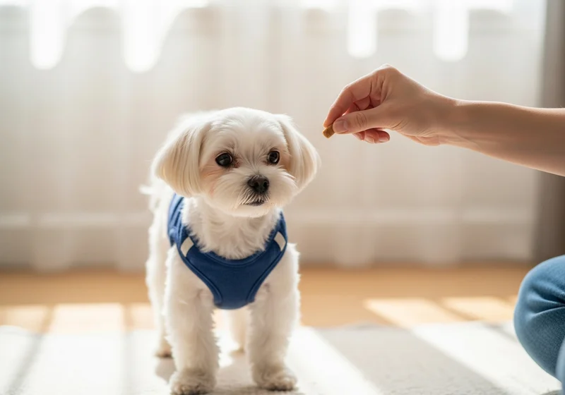 Biały maltańczyk w niebieskiej uprzęży patrzy na smakołyk w ręce, podczas treningu.