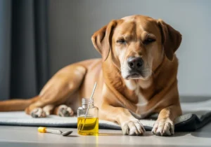 złoty retriever leży obok butelki z olejem parafinowym i łyżeczki, oczekując ulgi przy zaparciach.