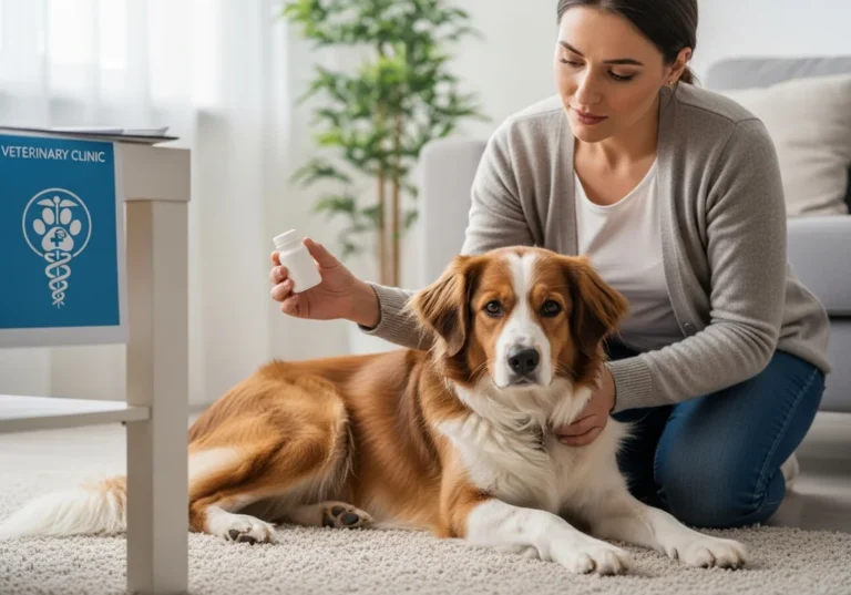 Kobieta z psem na podłodze, trzymająca butelkę z lekiem. W tle szyld "VETERINARY CLINIC".