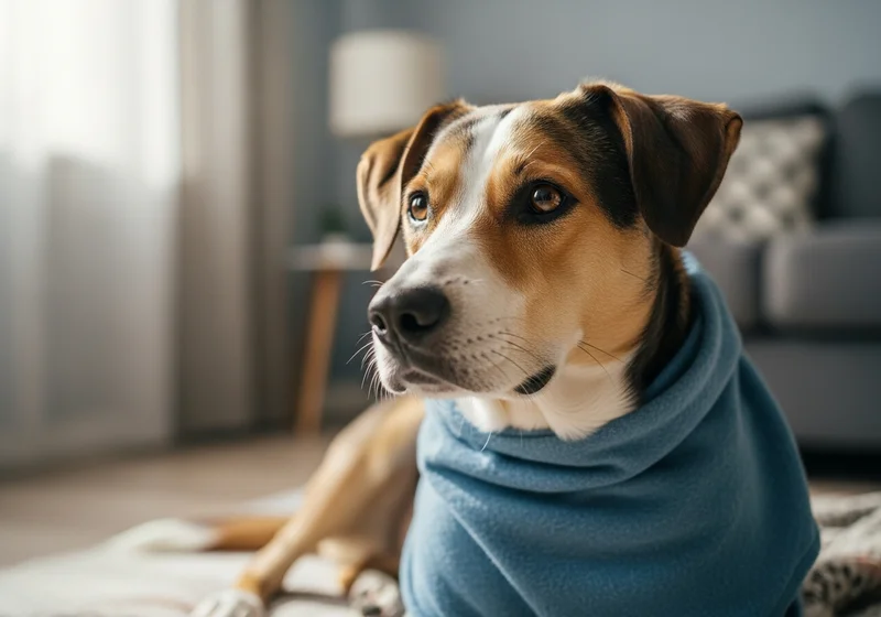 Spokojny pies w niebieskim okryciu leży w domu, czekając na obserwację właściciela po podaniu leków.