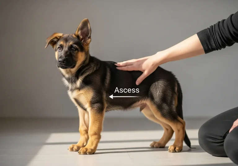 Opiekun ocenia kondycję trzymiesięcznego szczeniaka owczarka niemieckiego dotykając jego żeber.