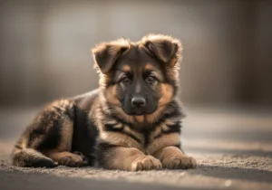 Puchaty szczeniak owczarka niemieckiego długowłosego leży.