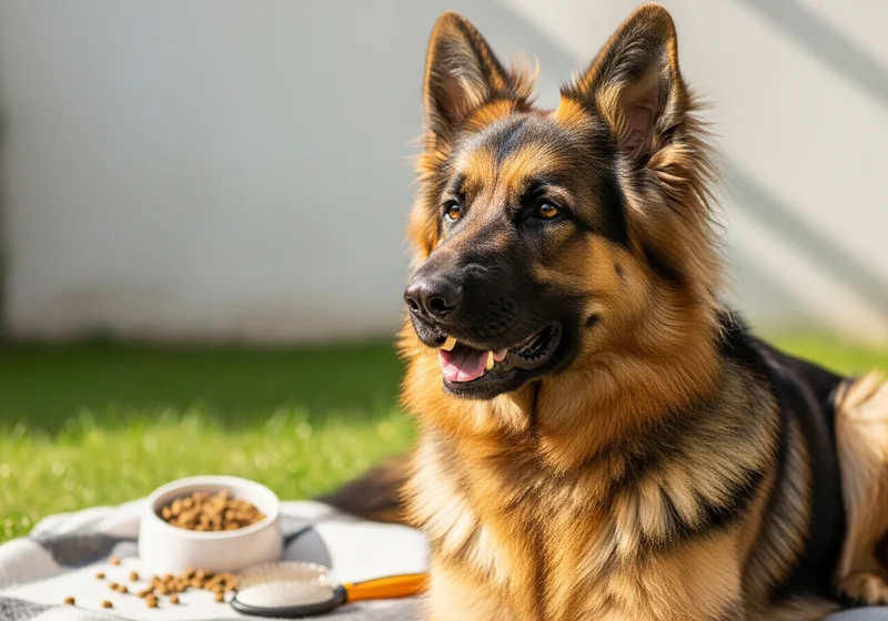 Zadbany owczarek niemiecki długowłosy z miską karmy i szczotką na trawie, z gęstą, lśniącą sierścią.