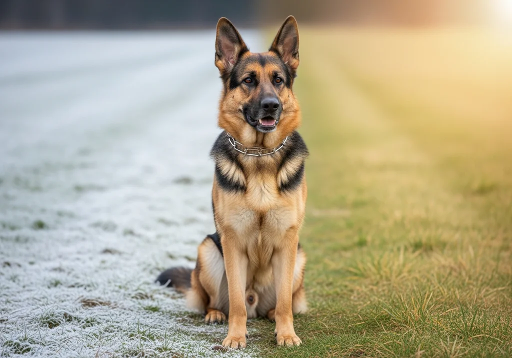 Owczarek niemiecki siedzi na granicy między mroźną ziemią a zieloną trawą.