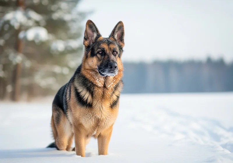 Duży owczarek niemiecki z oprószonym śniegiem pyskiem i sierścią stoi w zimowym krajobrazie.