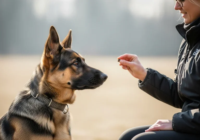 Trening owczarka niemieckiego: pies skupiony na smakołyku w ręce opiekuna, metoda pozytywna.