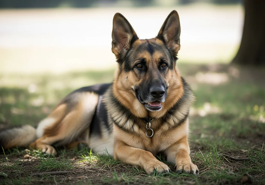 Owczarek niemiecki, spokojnie leżący na trawie i patrzący w przód.