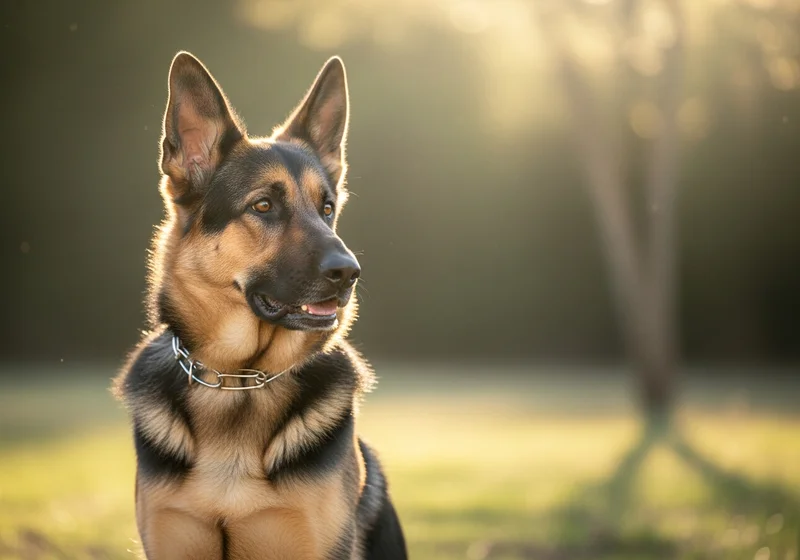 Owczarek niemiecki z obrożą, spoglądający w bok, oświetlony zachodzącym słońcem w zielonym otoczeniu.