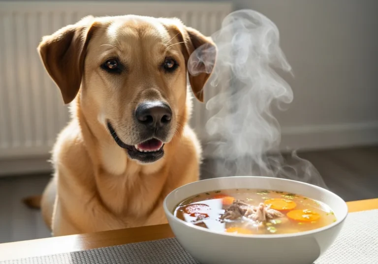 Złoty labrador patrzy z apetytem na parującą miskę rosołu z mięsem i warzywami.