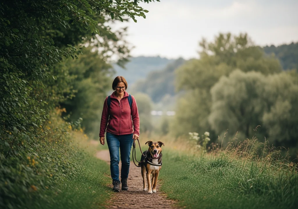 Kobieta z plecakiem i pies na smyczy wędrują zieloną leśną ścieżką.