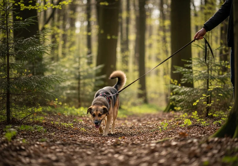 Pies na smyczy idący leśną ścieżką z osobą.