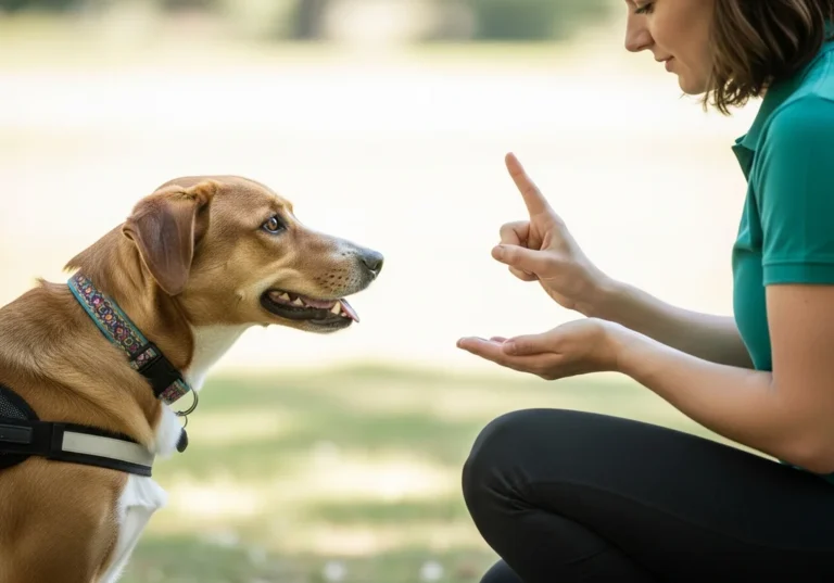Trening dorosłego psa: kobieta wydaje komendę ręczną, pies uważnie słucha.