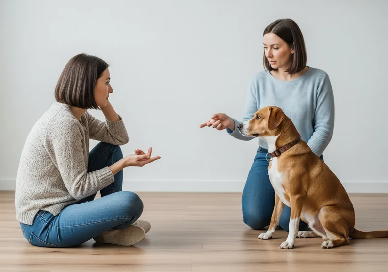 Kobieta uczy psa gestem dłoni; druga obserwuje ich interakcję podczas sesji treningowej.