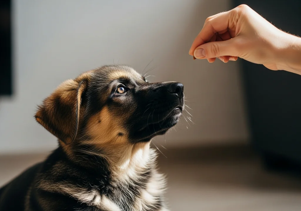 Szczeniak owczarka niemieckiego z ufnością patrzy na dłoń oferującą smakołyk podczas wczesnego szkolenia.