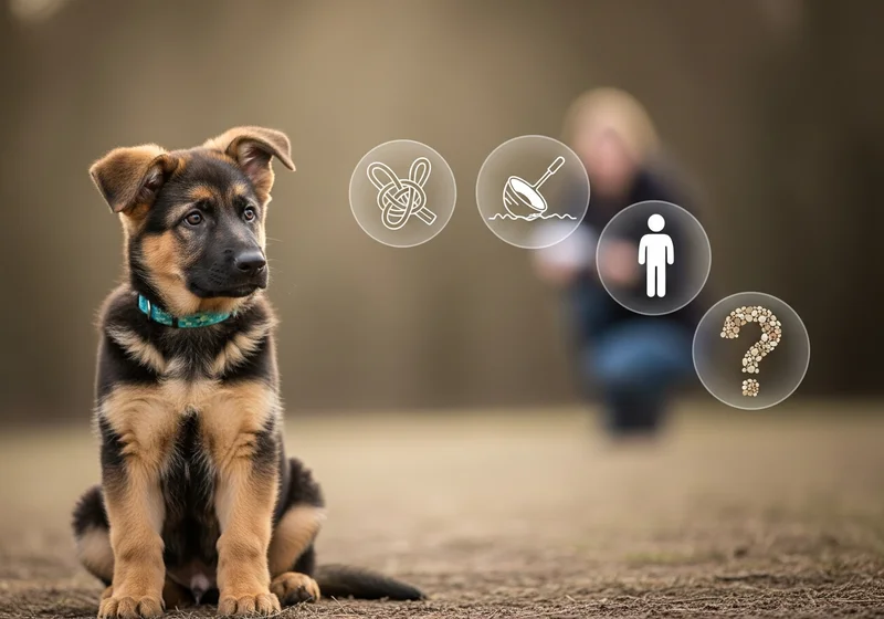 Szczeniak owczarka niemieckiego z ikonami symbolizującymi pułapki i pytania w tresurze, w tle właściciel.