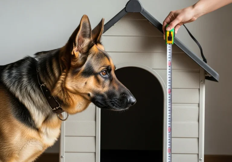Owczarek niemiecki obserwuje pomiar wysokości budy taśmą.