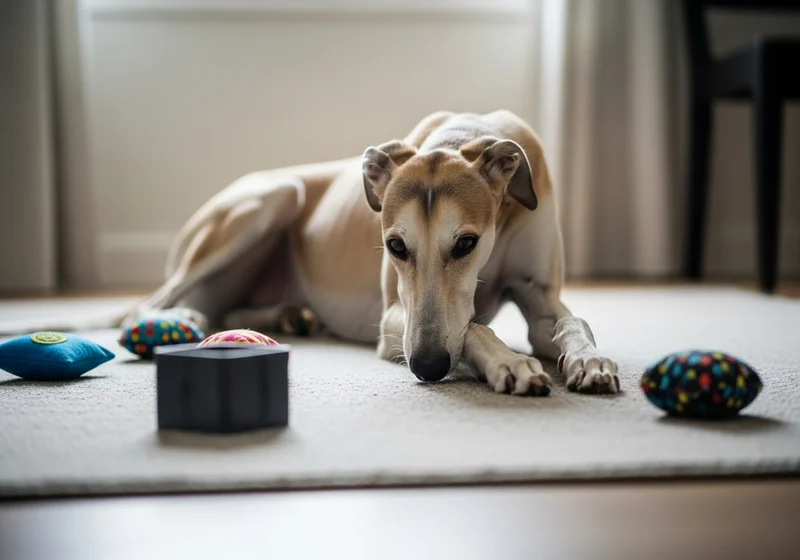 Saluki odpoczywający na dywanie wśród zabawek wspomagających wyciszenie i pracę węchową w domu.