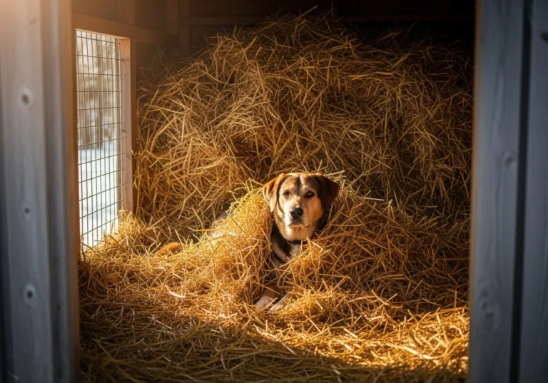 Pies leżący wewnątrz budy wypełnionej słomą, która stanowi doskonałą izolację termiczną przed zimnem.