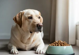 Labrador leżący przed miską z odmierzoną porcją karmy, czekający na posiłek w ramach kontrolowanej diety.