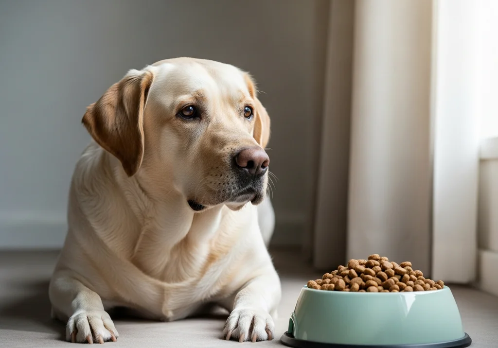 Labrador leżący przed miską z odmierzoną porcją karmy, czekający na posiłek w ramach kontrolowanej diety.
