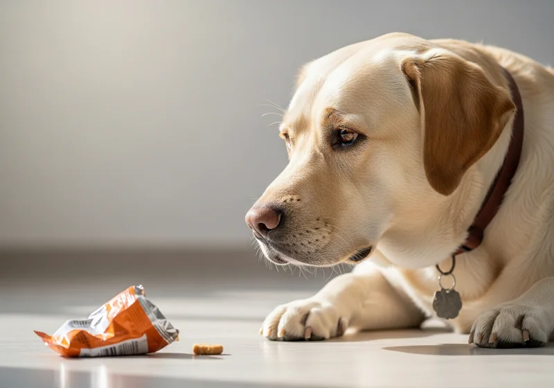 Labrador leżący na podłodze obok otwartej paczki smakołyków i jednego leżącego na ziemi ciasteczka.