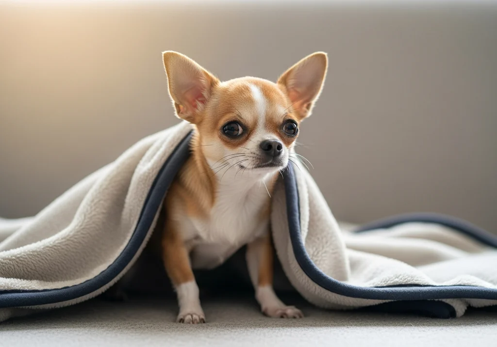 Mały pies rasy chihuahua owinięty ciepłym kocem, siedzący na kanapie w ramach ochrony przed chłodem.