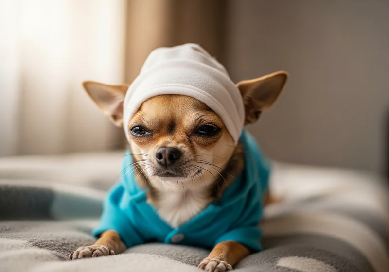 Mały chihuahua w niebieskiej bluzie i białej czapeczce leży na łóżku, patrząc podejrzliwie.