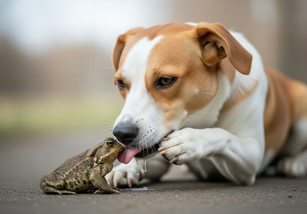 Pies liżący ropuchę, co powoduje intensywne ślinienie się, jako przykład kontaktu z toksyczną wydzieliną płaza.