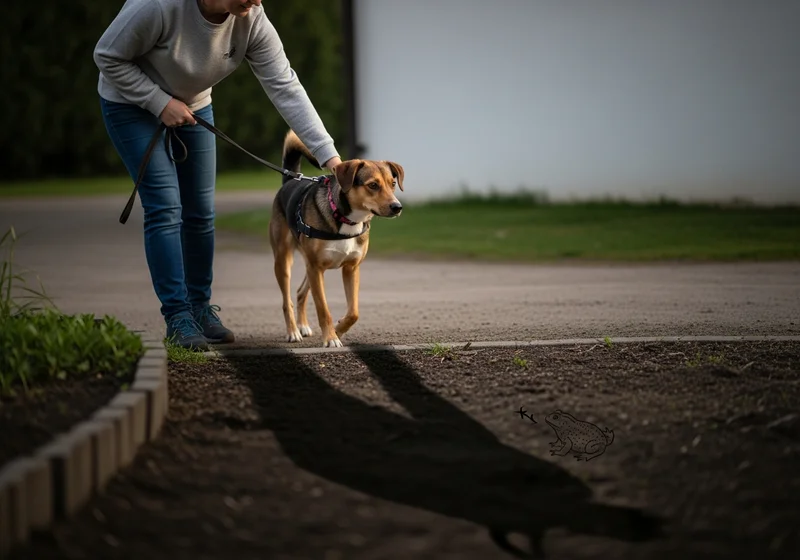 Kobieta prowadzi psa na smyczy wzdłuż krawędzi ogrodu, w której cieniu znajduje się rysunek ropuchy.