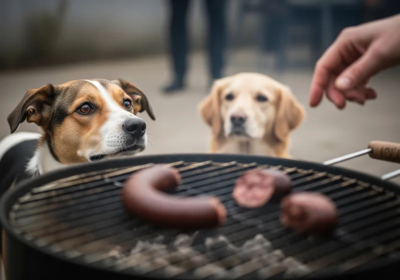 Dwa psy z nadzieją wpatrują się w kaszankę na grillu, podczas gdy ręka człowieka sięga w stronę jedzenia.
