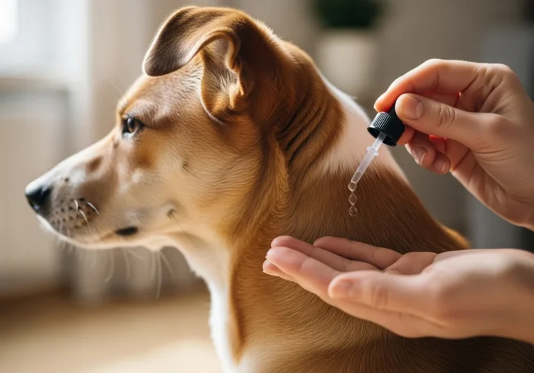 Osoba aplikująca psu krople typu spot-on na kark w ramach profilaktyki przeciw pasożytom.