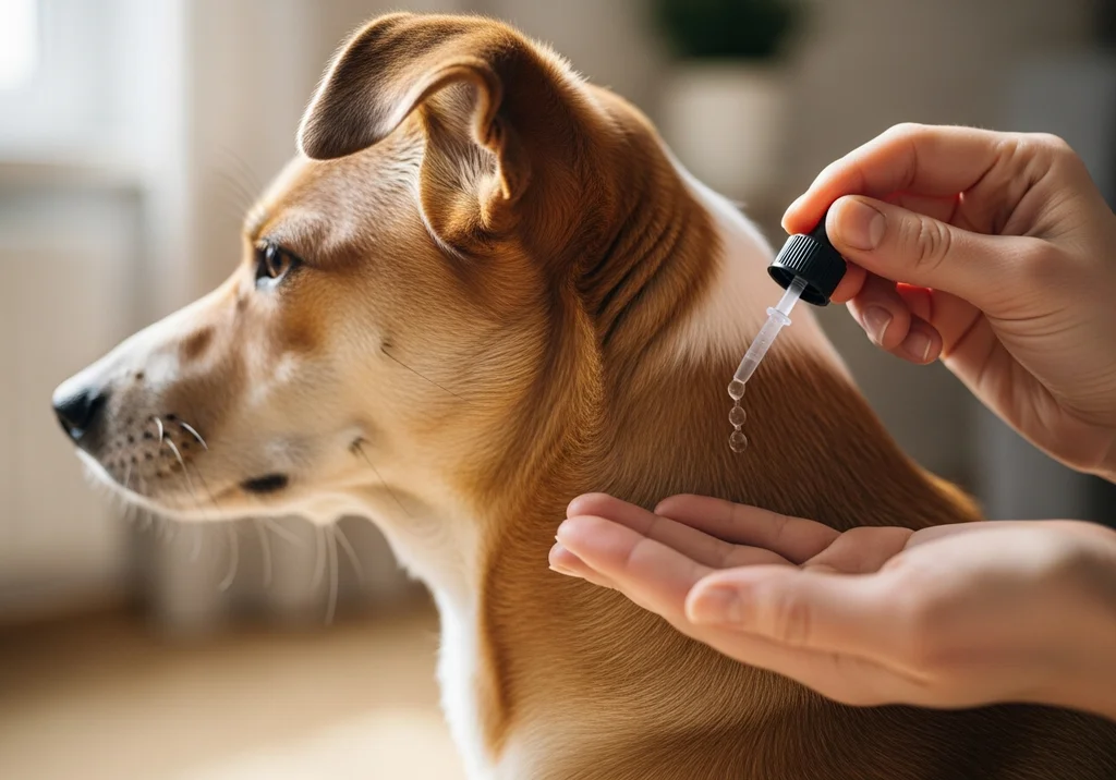 Osoba aplikująca psu krople typu spot-on na kark w ramach profilaktyki przeciw pasożytom.