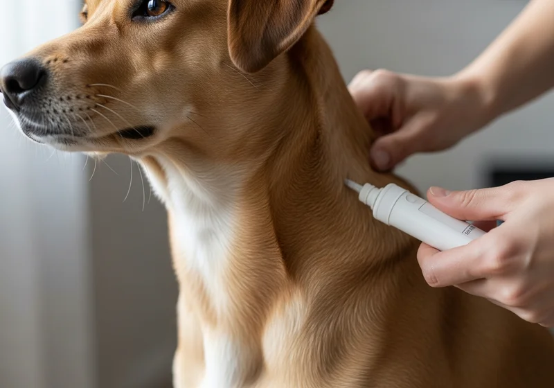 Właściciel aplikuje krople przeciwpasożytnicze na skórę karku psa.