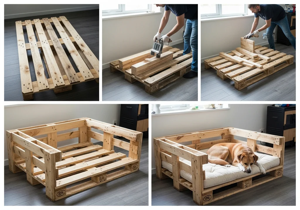 Etapy budowy legowiska dla psa z europalety: od przygotowania podstawy, przez montaż ścianek, po gotowe posłanie z psem.