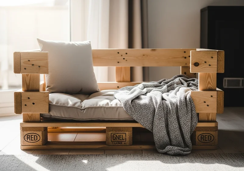 Designerskie legowisko dla psa z drewnianej palety z szarym materacem i narzutą w słonecznym wnętrzu.