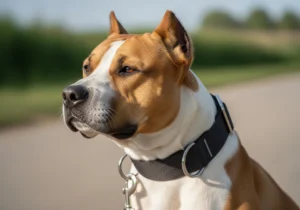 Profil amstaffa w szerokiej, wytrzymałej obroży o stałym obwodzie, zapewniającej stabilność i komfort podczas spaceru.