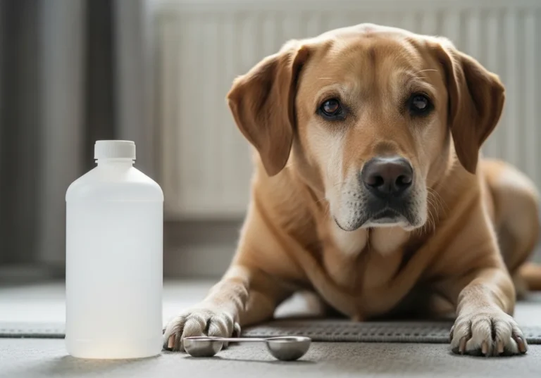 Pies rasy labrador leżący obok plastikowej butelki z olejem parafinowym i miarką do precyzyjnego dawkowania preparatu.