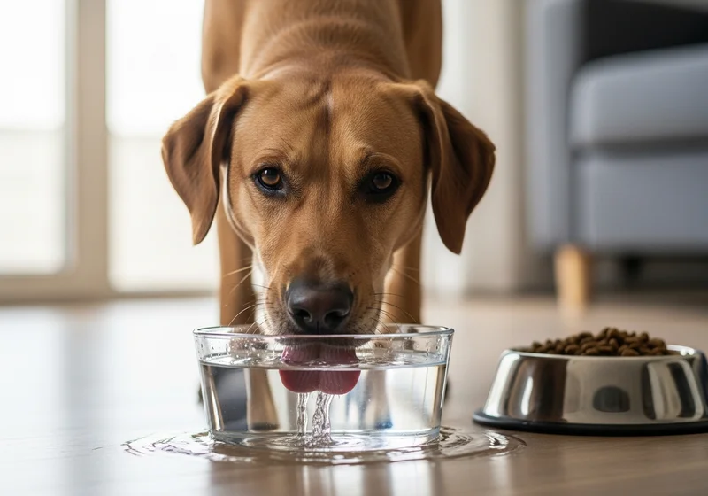 Pies pijący wodę z przezroczystej miski, obok której stoi metalowa miska z suchą karmą.