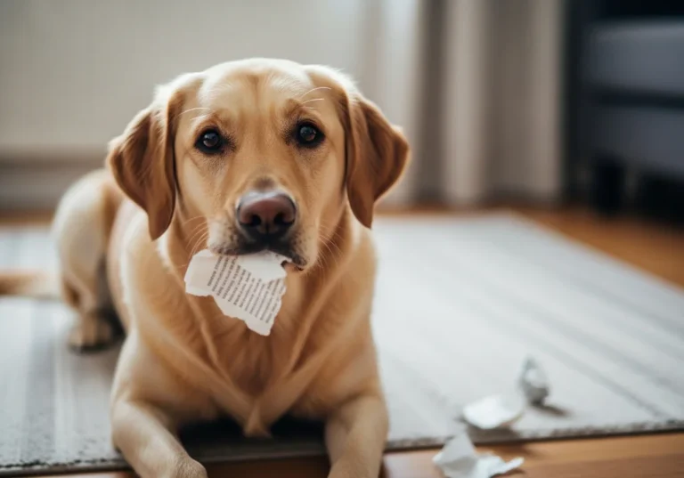Złoty labrador leżący na dywanie, trzymający w pysku kawałek podartego papieru, obok widoczne resztki zniszczonej kartki.