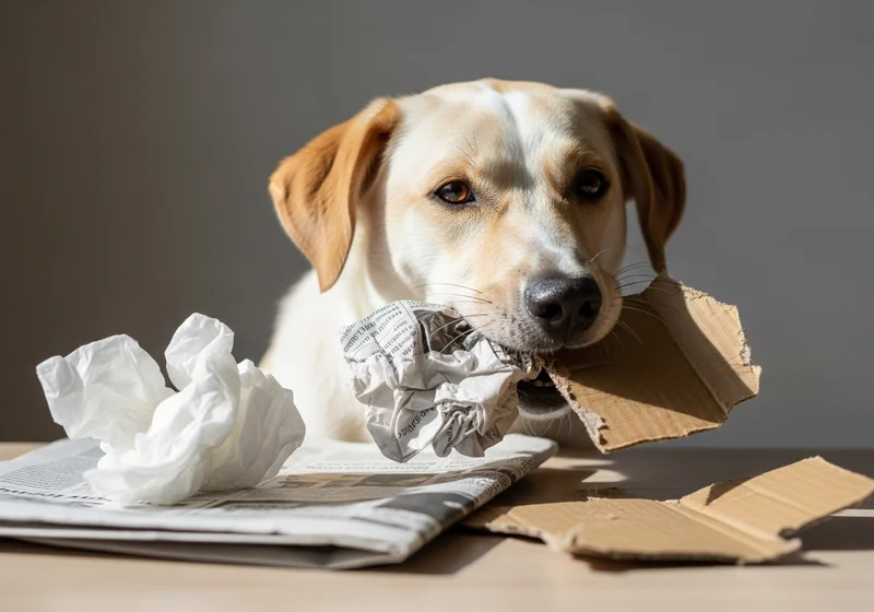Pies trzymający w pysku zmięty papier i kawałek tektury, obok leżą skrawki papieru na stole.
