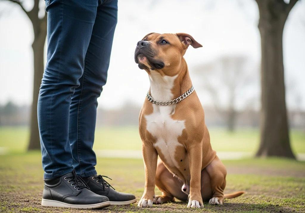 Amstaff siedzący obok właściciela, wpatrzony w opiekuna z uwagą, co podkreśla potrzebę więzi i pracy z tą rasą.