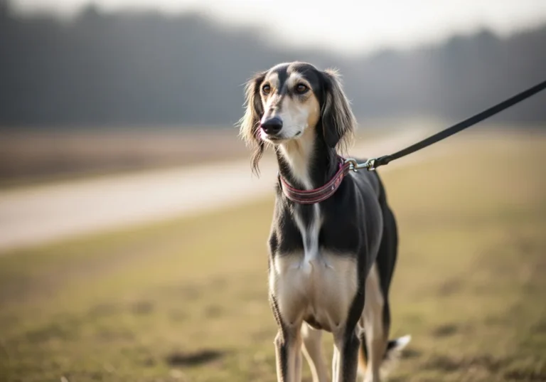 Skupiony chart perski (saluki) w obroży na smyczy, stojący na otwartej przestrzeni w słoneczny dzień.