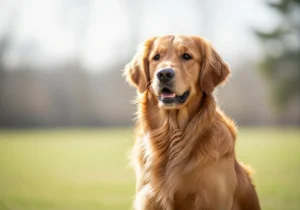 Złocisty golden retriever o długiej, gęstej sierści, typowej dla wzorca tej rasy.