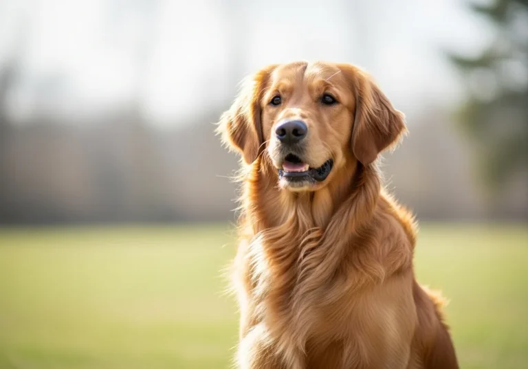 Złocisty golden retriever o długiej, gęstej sierści, typowej dla wzorca tej rasy.