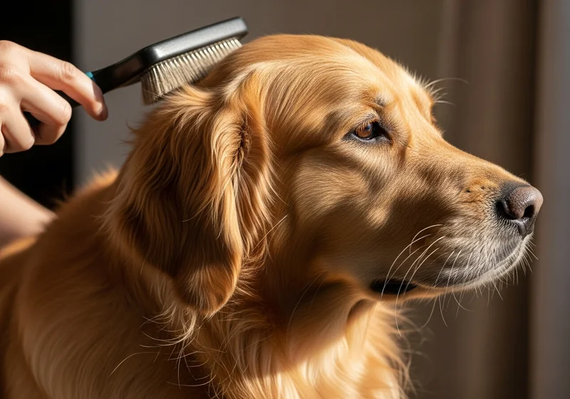 Opiekun czesze szczotką złotego golden retrievera, dbając o jego długą, gęstą sierść w ramach codziennej pielęgnacji.