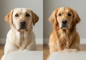 Labrador i golden retriever patrzące w obiektyw, na pierwszym planie widoczna sierść zebrana z kanapy.