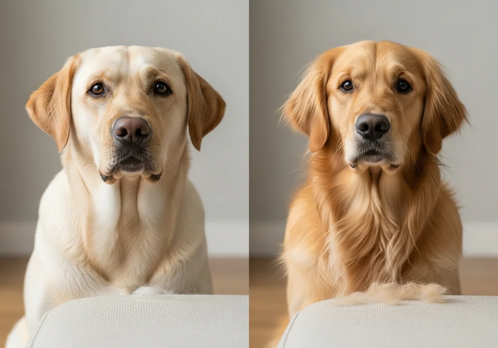 Labrador i golden retriever patrzące w obiektyw, na pierwszym planie widoczna sierść zebrana z kanapy.