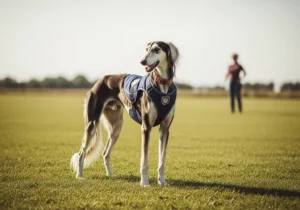 Chart perski (Saluki) w szelkach stoi na zielonej łące, patrząc w bok, z osobą w tle.